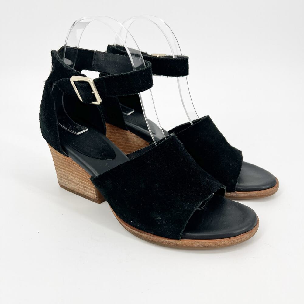 Kork-Ease Black Suede Open Toe Ankle Strap Block Heel Sandals